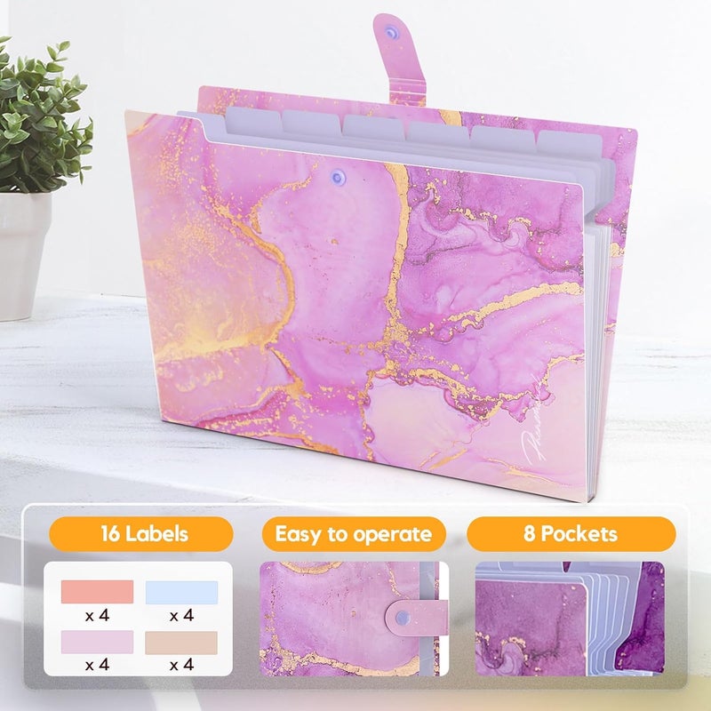 Rihan Expanding File Folder, Folders for Important Documents Organizer, Accordion File Organizer, Aesthetic Folders for School Students, 8 Pockets File Folder for Home Bills (Purple Gold Marble) - Image 2
